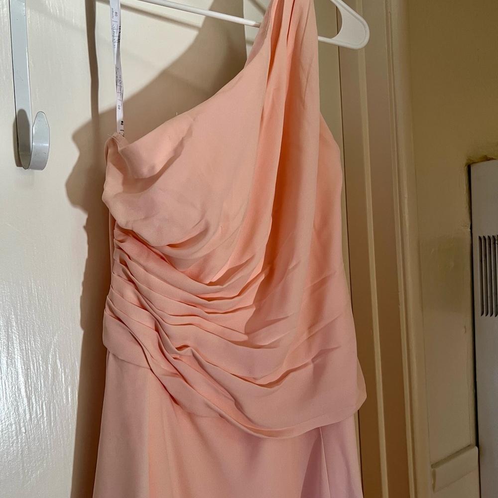David’s bridal georgette one shoulder dress in petal pink.